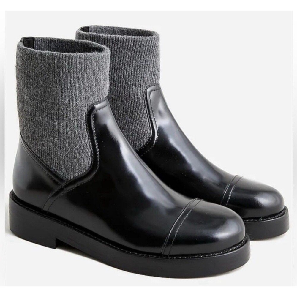 J.Crew Sz 5.5 Spazzo Rib Cuff Ankle Boots In Italian Leather Black Round Toe NWB